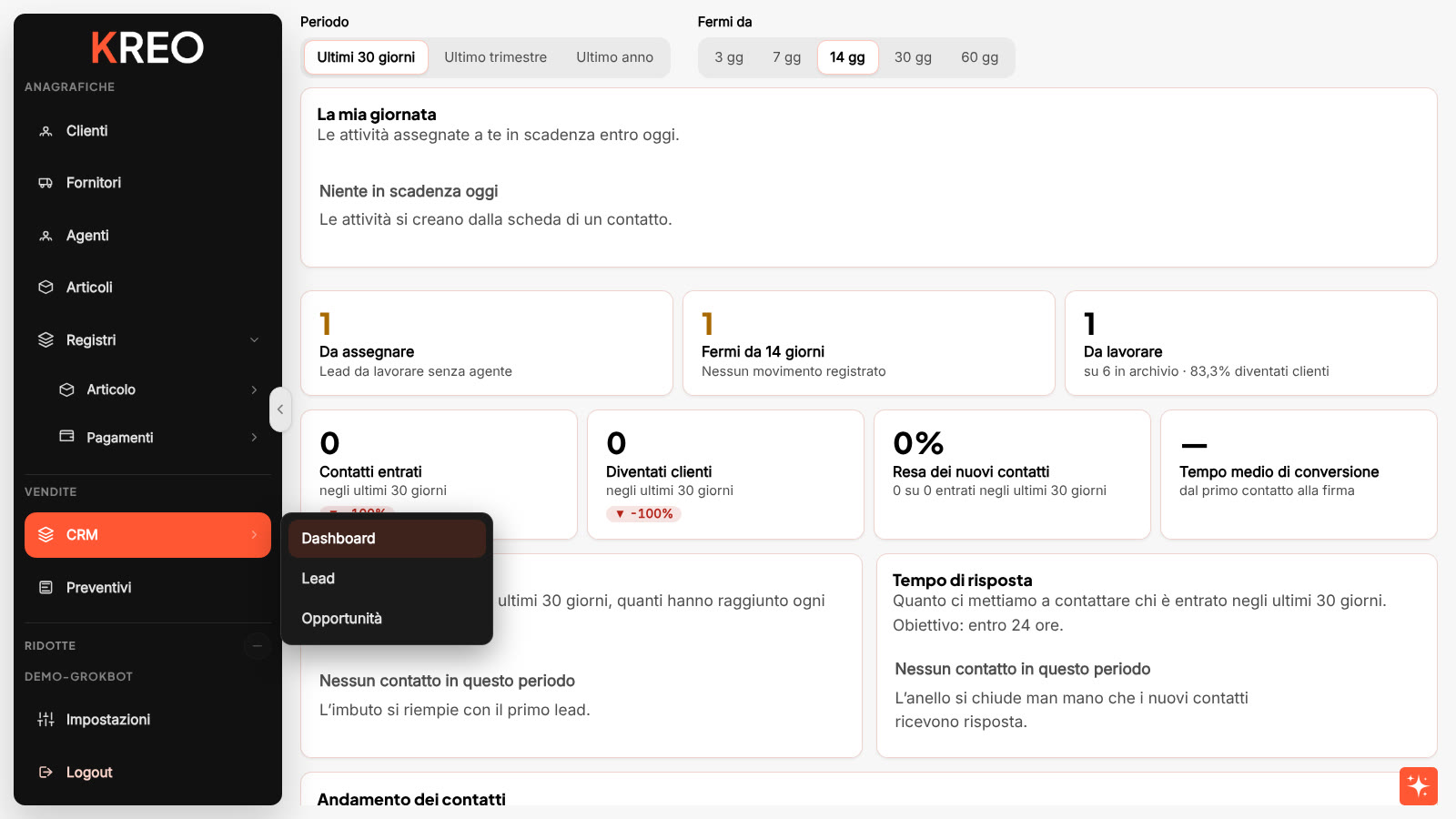 Schermata principale KREO con menu laterale