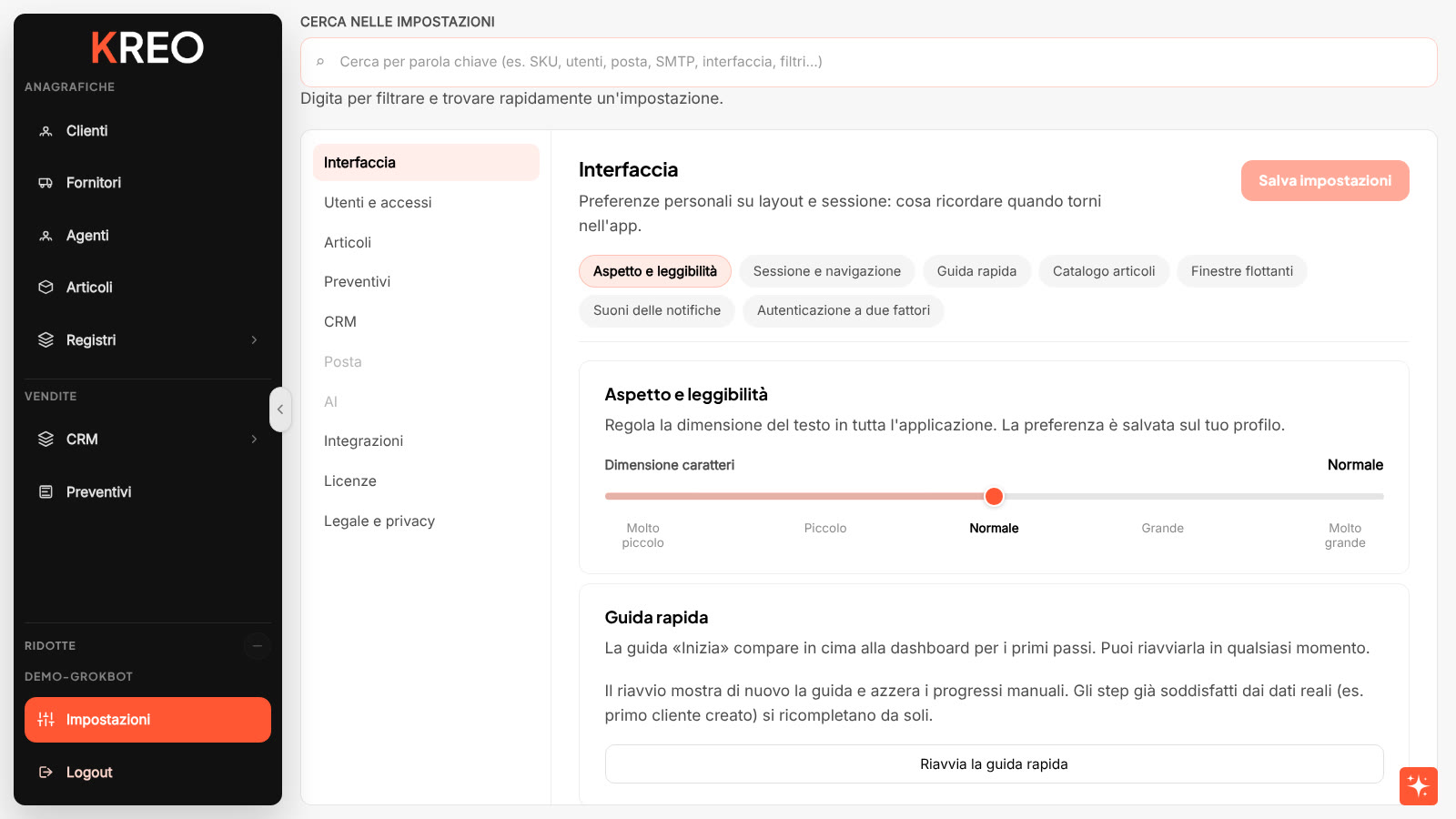 Hub Impostazioni KREO